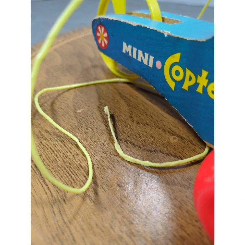 Vtg 1970 Fisher Price Mini Copter Pull Toy 448 Wood Helicopter Works Gnawd Strng